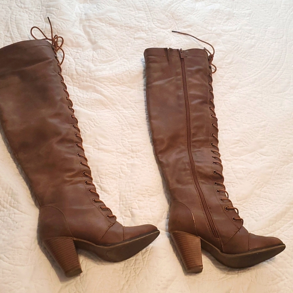 Knee high heeled brown boots